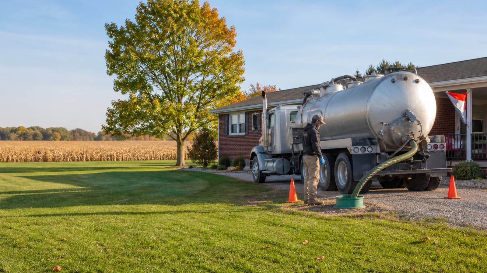 Septic pump truck servicing a Central Ohio ranch home beside a cornfield