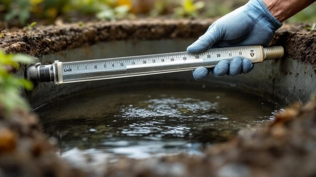 Gloved hand using a measuring stick to gauge sludge depth in a Columbus area septic tank