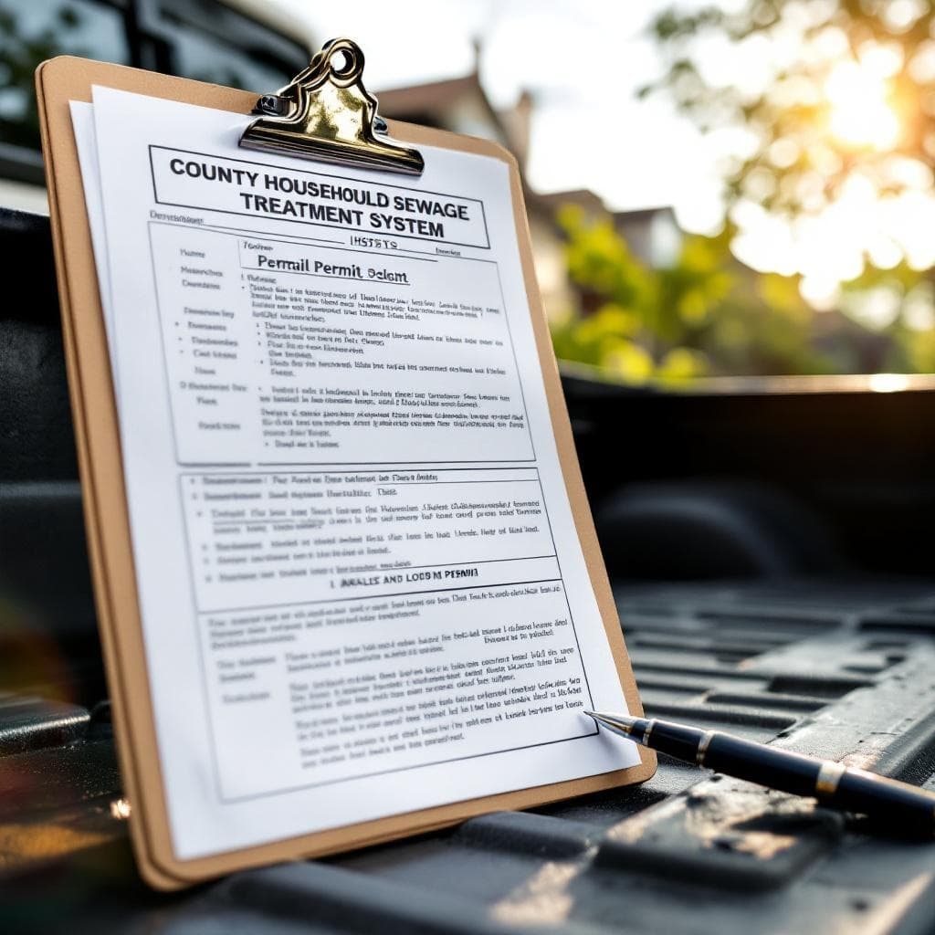 County HSTS permit document on a clipboard at a Columbus area septic install