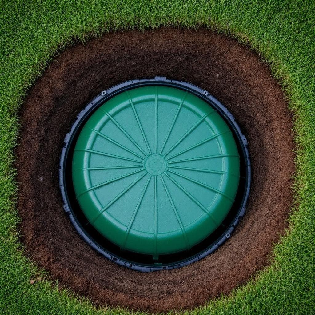 Green plastic septic riser flush with grade after installation in a Columbus area lawn
