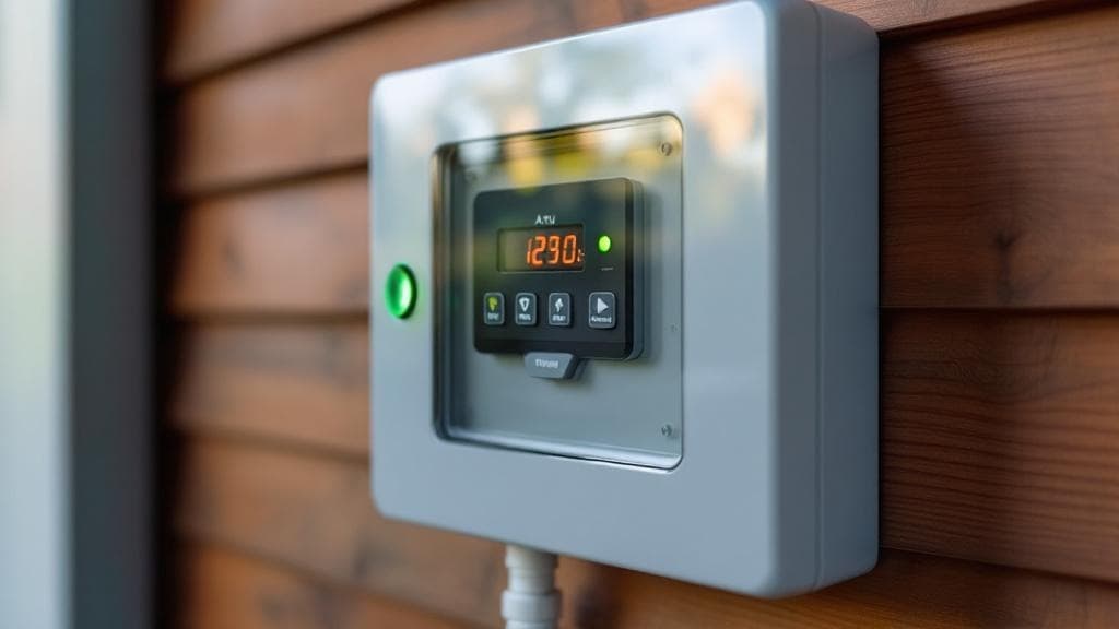 Aerobic treatment unit control panel mounted on the side of a Columbus area garage