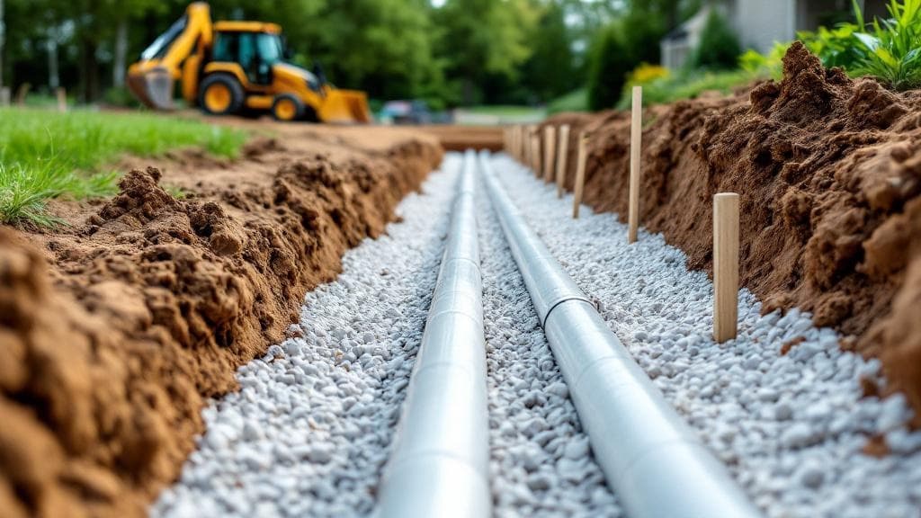 New drain field excavation with gravel and perforated pipe being laid in a Columbus area property