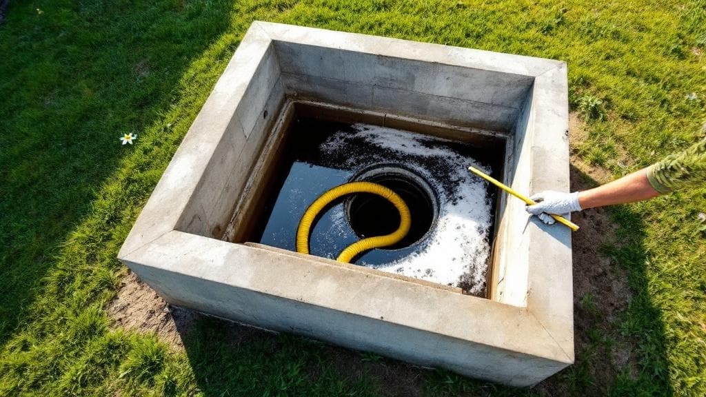 Lifted concrete septic tank lid showing scum and sludge layers during a Columbus pumping